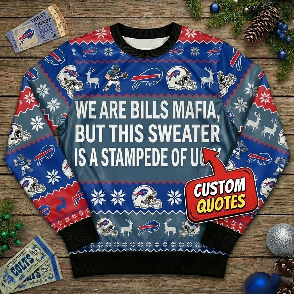 Personalized Buffalo Bills Ugly Christmas Sweater - Custom Quote Bills Mafia Stampede of Ugly Shirt - LeagueLockerGear