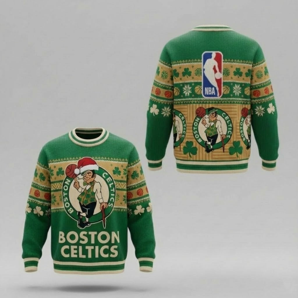 Boston Celtics Ugly Christmas Sweater – Lucky The Leprechaun Holiday Knit Green Shamrock Fan Apparel NBA - LeagueLockerGear