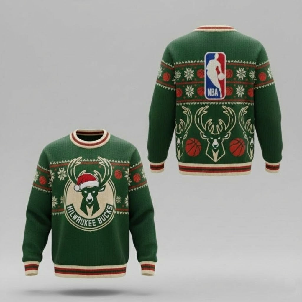 Milwaukee Bucks Ugly Christmas Sweater – Deer Head Santa Hat Jumper Green & Cream Knitted Fan Gear NBA - LeagueLockerGear