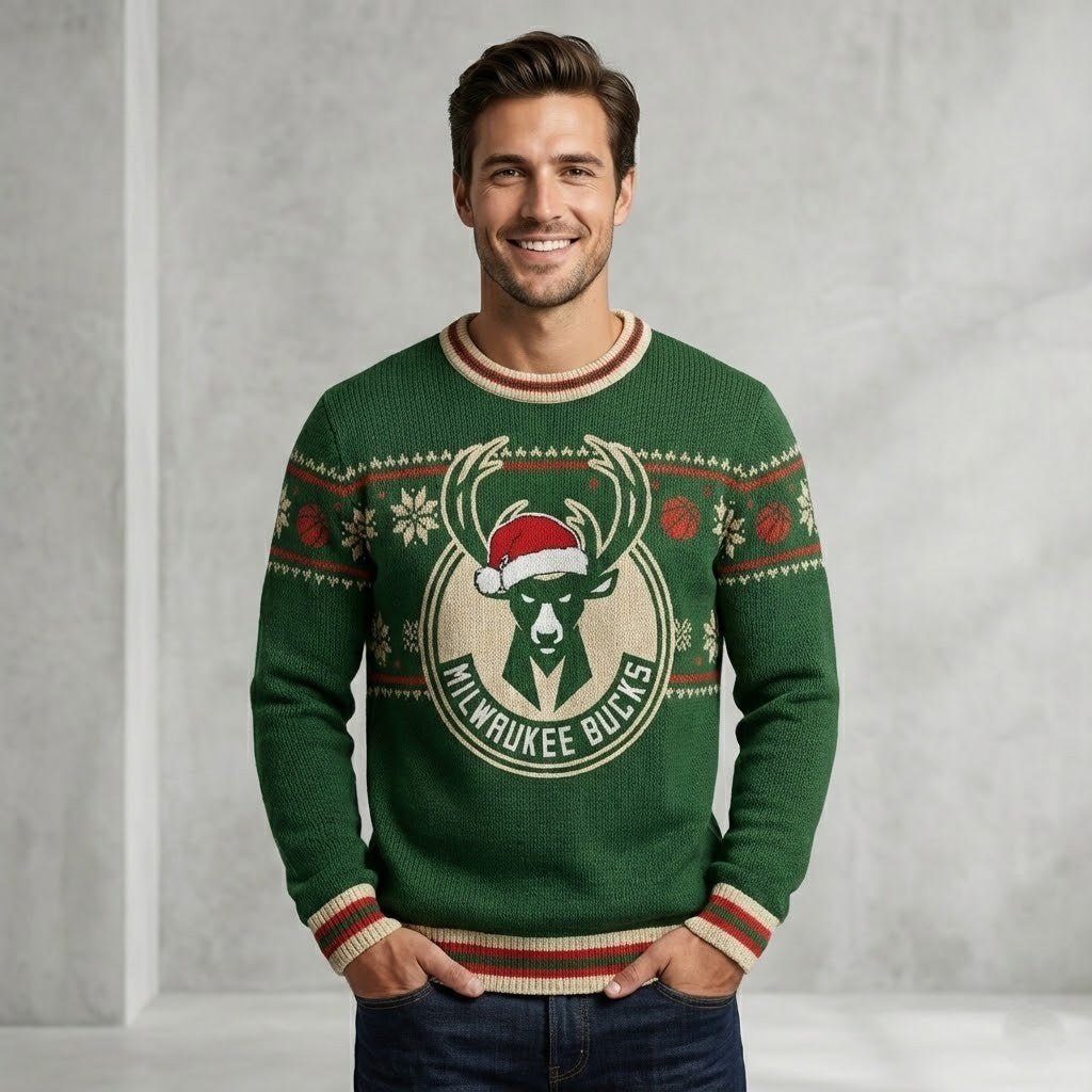 Milwaukee Bucks Ugly Christmas Sweater – Deer Head Santa Hat Jumper Green & Cream Knitted Fan Gear NBA - LeagueLockerGear