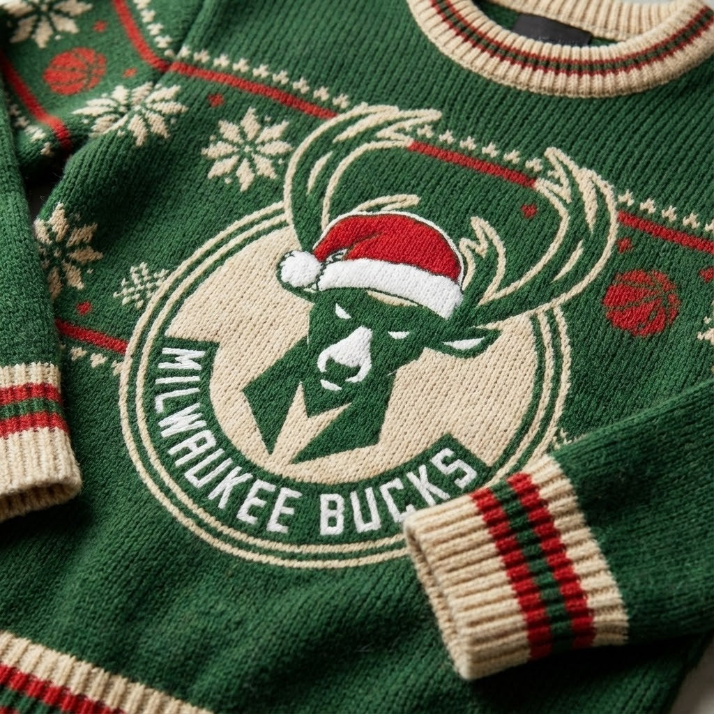 Milwaukee Bucks Ugly Christmas Sweater – Deer Head Santa Hat Jumper Green & Cream Knitted Fan Gear NBA - LeagueLockerGear