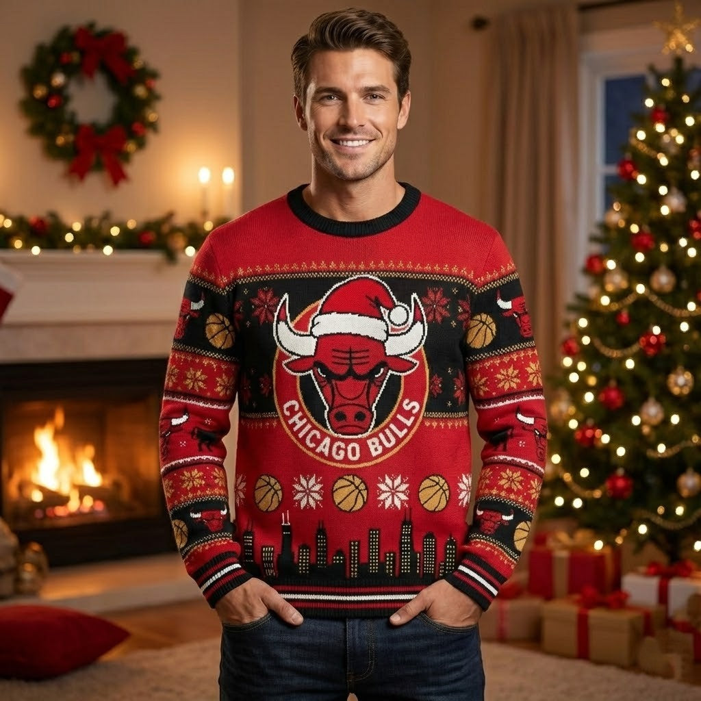 Chicago Bulls Ugly Christmas Sweater – Santa Bull Skyline Jumper Red & Black Iconic Fan Apparel NBA - LeagueLockerGear