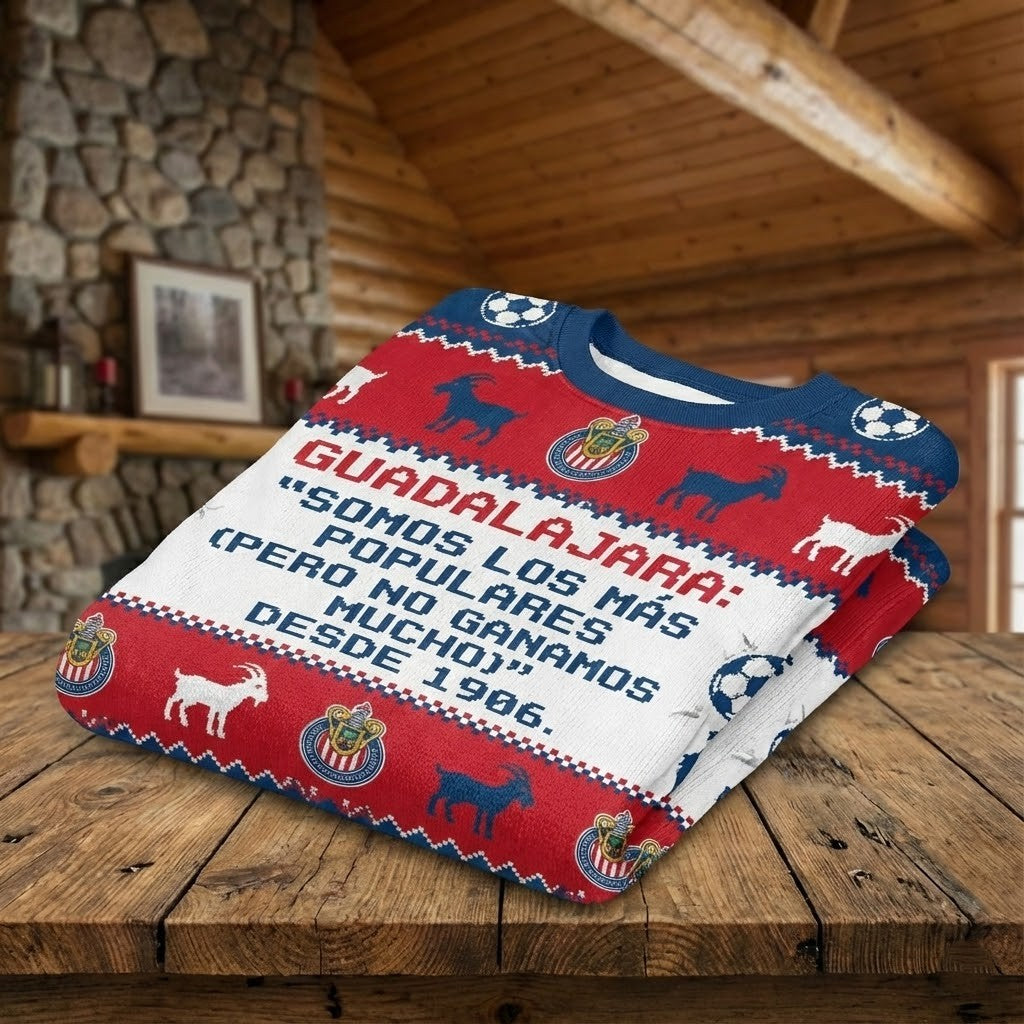 Chivas Guadalajara Liga MX Ugly Christmas Sweater – “Somos Los Más Populares” Iconic Red & White Fan Knit - LeagueLockerGear