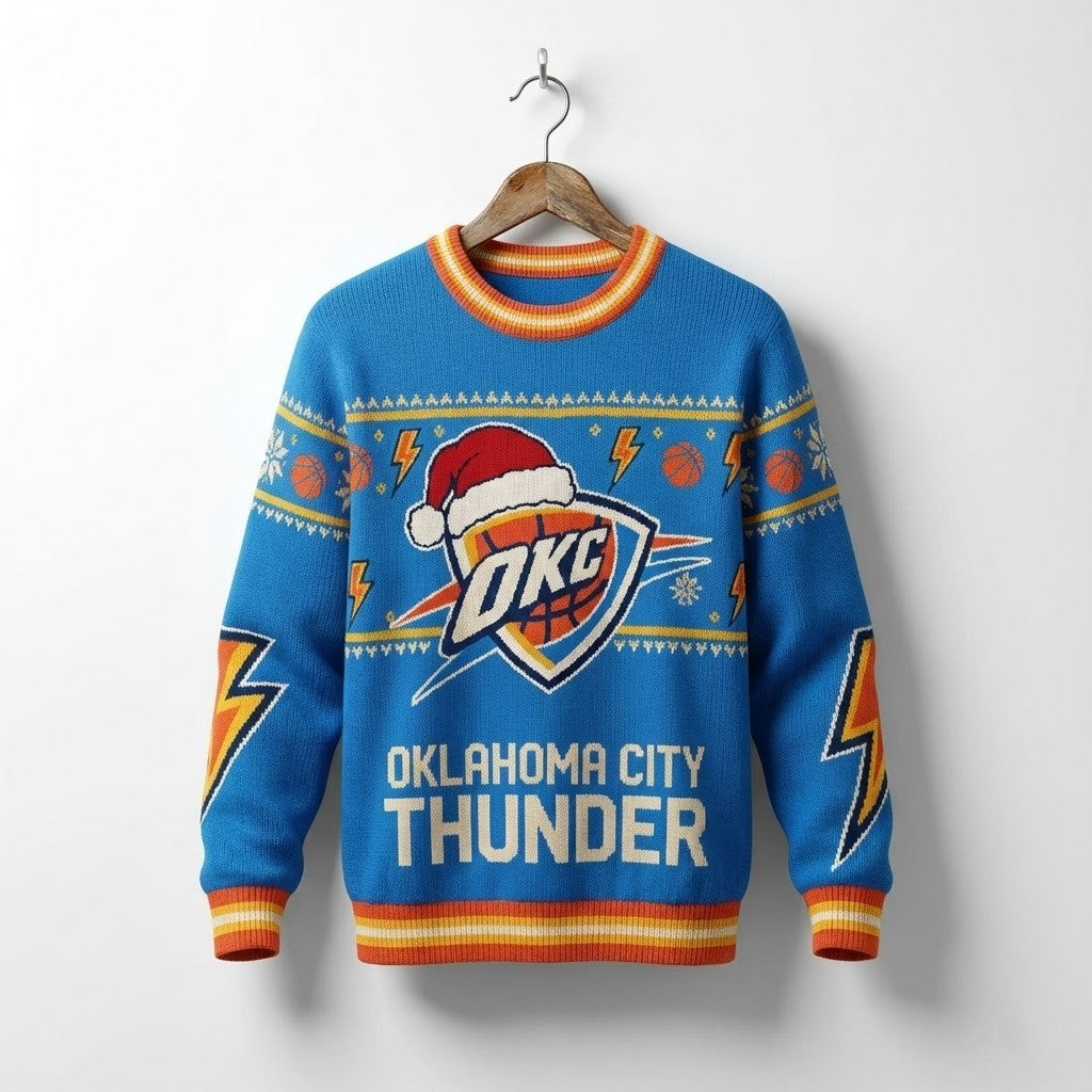 OKC Thunder Ugly Christmas Sweater – Lightning Bolt Holiday Exclusive Basketball Fan Gear NBA - LeagueLockerGear