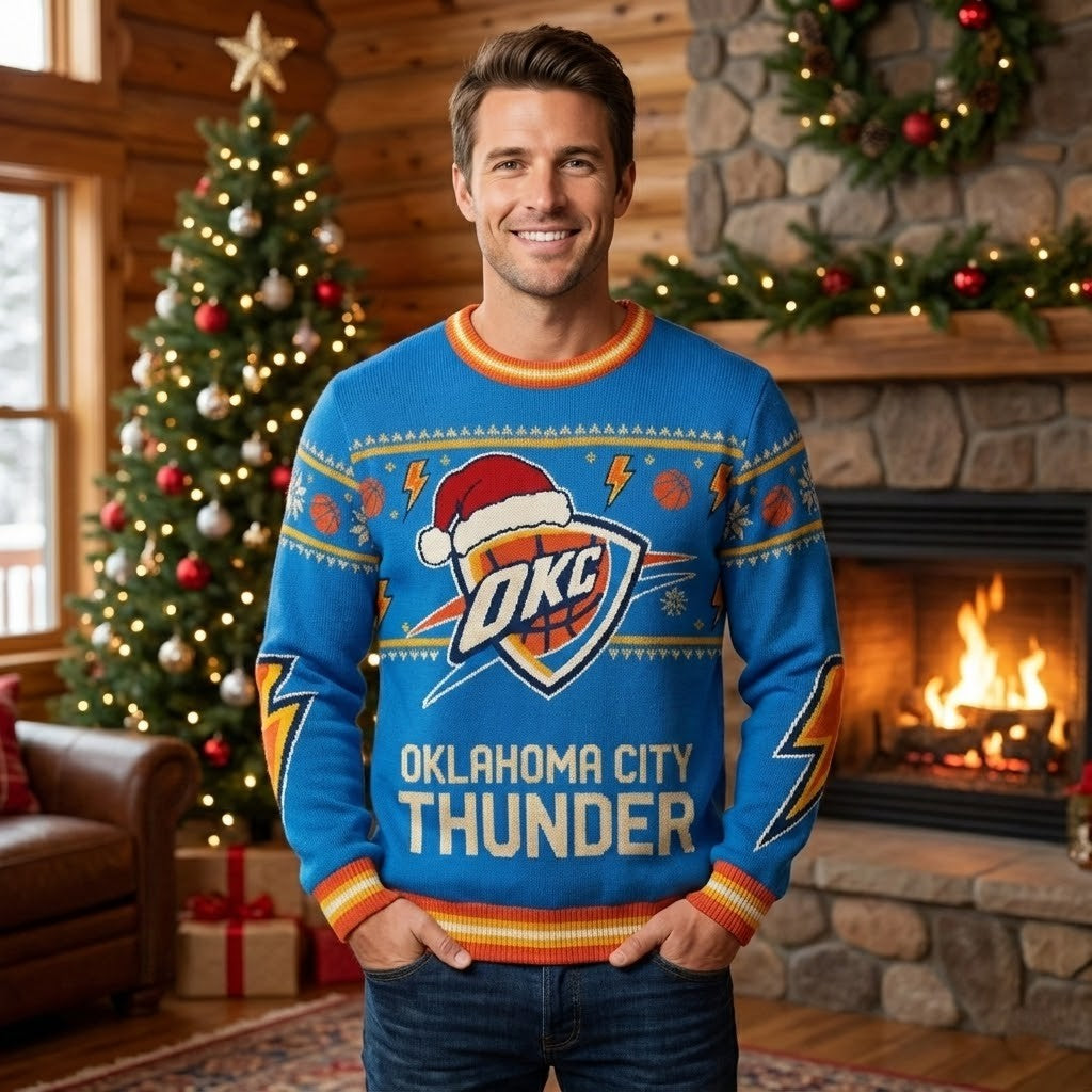 OKC Thunder Ugly Christmas Sweater – Lightning Bolt Holiday Exclusive Basketball Fan Gear NBA - LeagueLockerGear