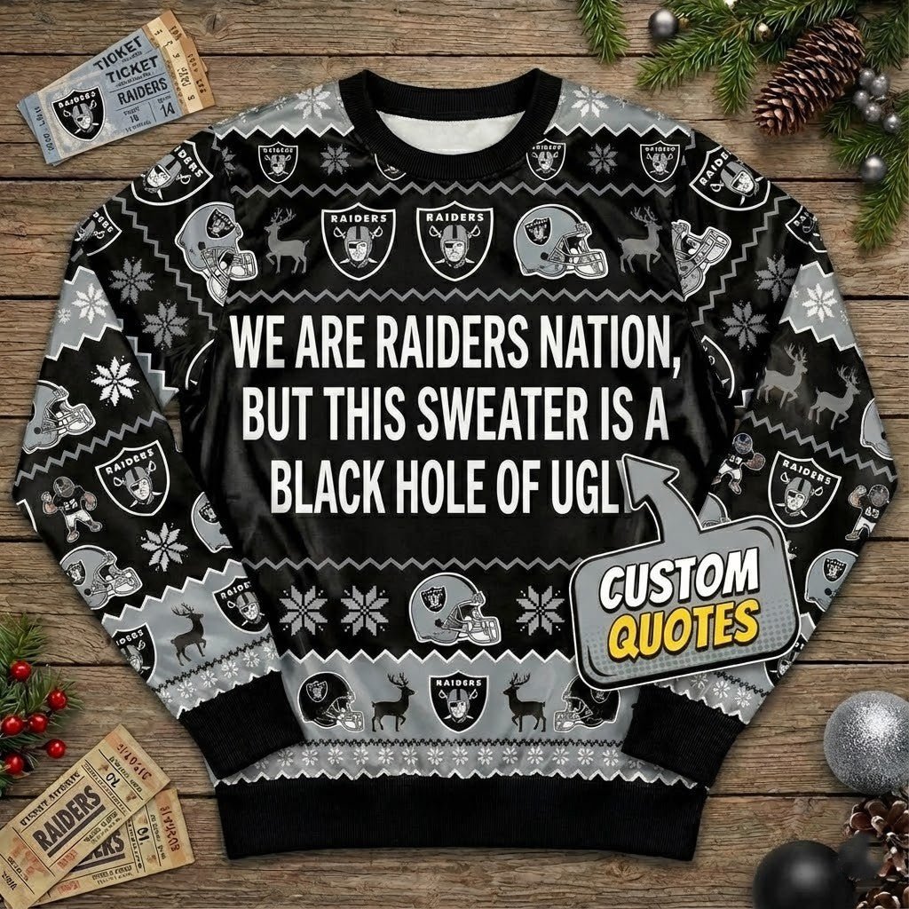 Personalized Las Vegas Raiders Ugly Christmas Sweater - Custom Quote Raider Nation Black Hole Fan Gift - LeagueLockerGear