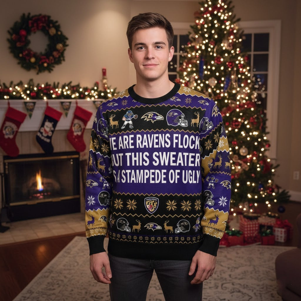 Personalized Baltimore Ravens Ugly Christmas Sweater - Custom Text Ravens Flock Purple Friday Gift - LeagueLockerGear