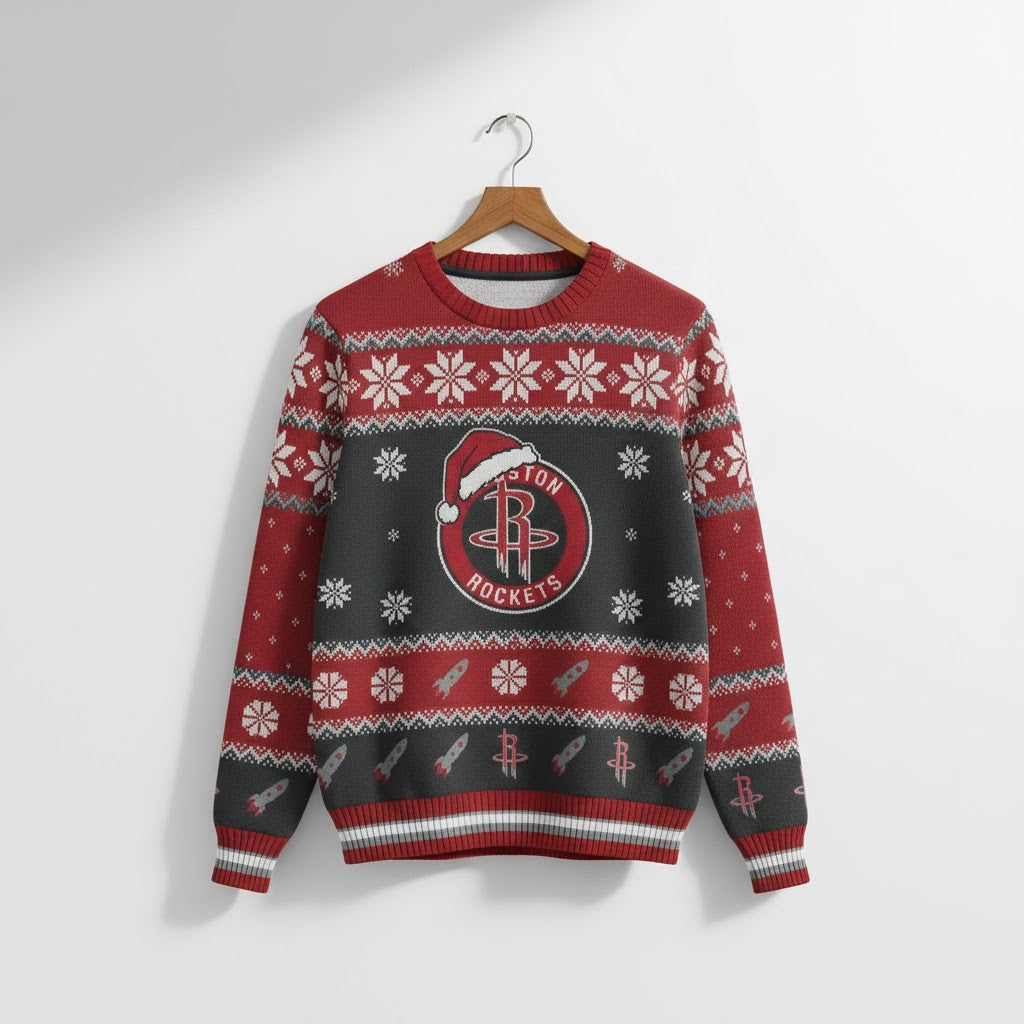 Houston Rockets Ugly Christmas Sweater – NBA Rocket Ship Holiday Jumper Red & Black Snowflake Fan Gear - LeagueLockerGear
