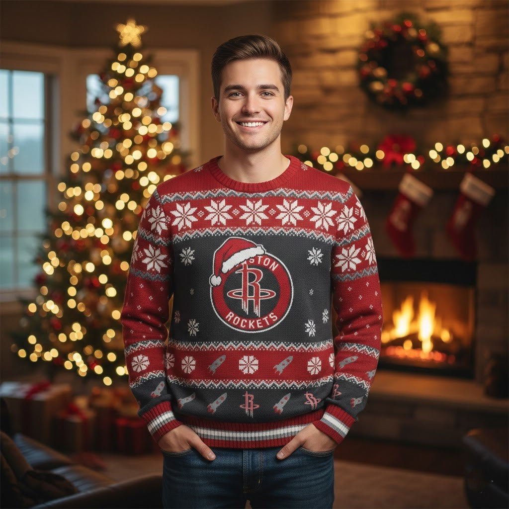Houston Rockets Ugly Christmas Sweater – NBA Rocket Ship Holiday Jumper Red & Black Snowflake Fan Gear - LeagueLockerGear