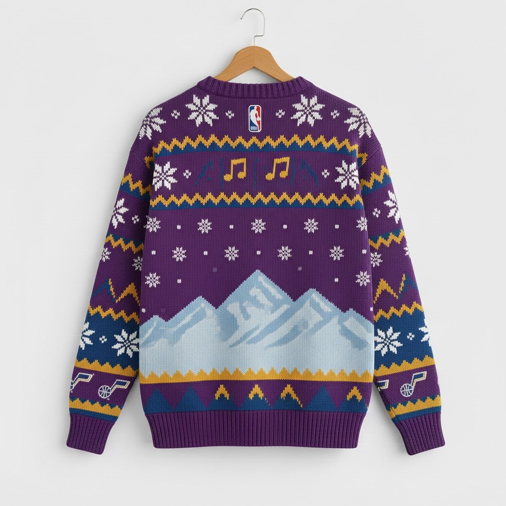 Utah Jazz Ugly Christmas Sweater – Purple Mountain Jazz Note Knit Retro Musical Theme - LeagueLockerGear