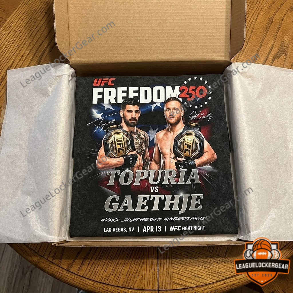 UFC Freedom 250 Topuria vs Gaethje Matchup T-Shirt - LeagueLockerGear